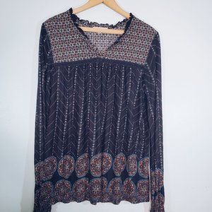 Vintage America Blue Orange Patterned Long Sleeve Blouse L